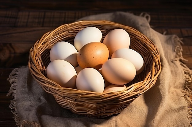 Фото Корзина, полная яиц на деревянном фоне в стиле органической фермы