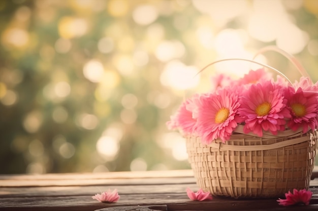 写真 テーブルの上の花のバスケット