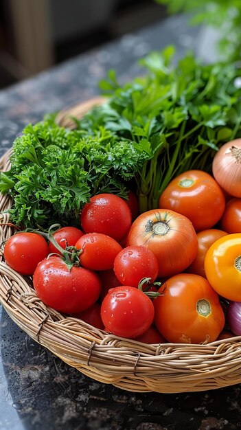 写真 トマトニンジンパセリを含む新鮮な野菜のバスケット