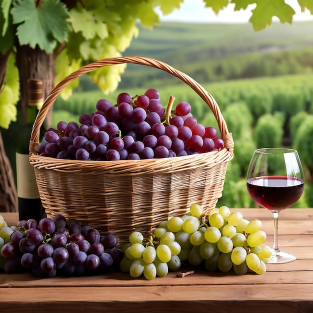 Фото Корзина с виноградом и корзинка с виногаром на столе