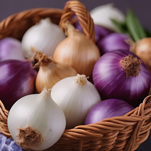 Фото a basket of onions with a purple background