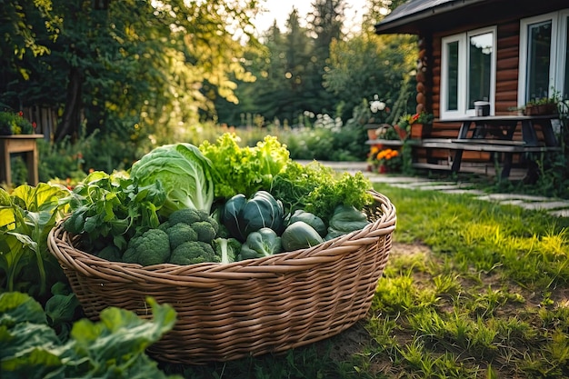 写真 庭の野菜から生きた新鮮な野菜を収したバスケット 野菜を栽培する趣味 aiが生成した