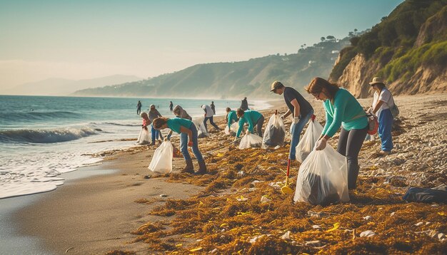 Фото Мероприятие по очистке пляжа с участием добровольцев всех возрастов, собирающих мусор всемирное экологическое образование