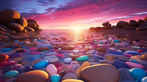 사진 해변에는 모래에 다채로운 비석이 있습니다.