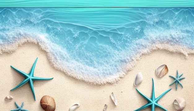 写真 青い海の波と砂浜のヒトデのあるビーチのシーン。