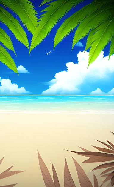 Фото Пляжная сцена с голубым небом, пальмой и птицей, летящей на расстоянии.
