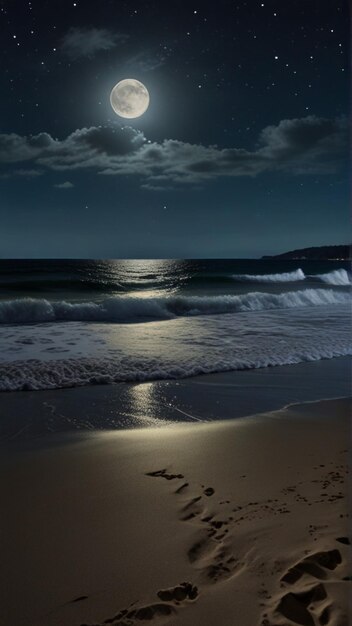 Фото Пляжная сцена с луной и океаном на заднем плане