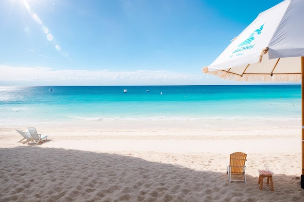 사진 비치 파라솔과 모래 위에 비치 의자가 있는 해변.