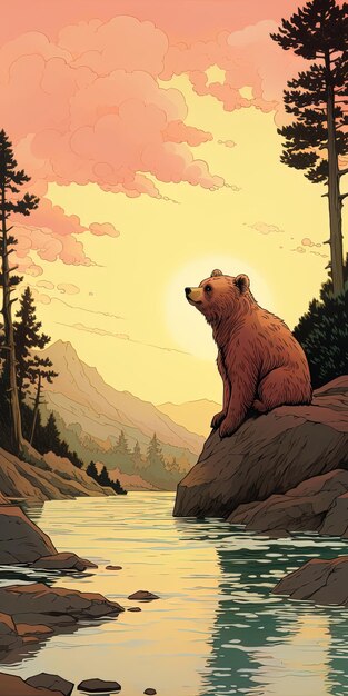 Фото a bear sits on a rock in front of a mountain lake