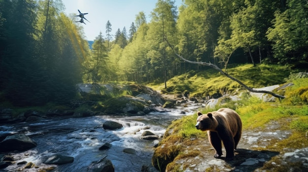 Фото Медведь гуляет по реке в лесу.