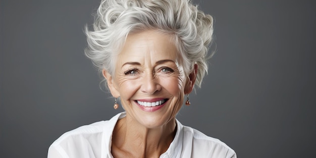 Фото Красивая взрослая деловая пожилая здоровая женщина улыбается с чистой кожей лица концепция