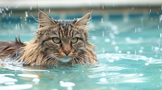 사진 은 털을 가진 아름답고 장엄한 긴 털의 고양이는 파란 물의 수영장에서 수영하고 고양이는 큰 초록색 눈으로 카메라를 바라보고 있습니다.