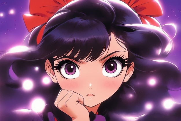 사진 아름다운 애니메이션 소녀, 큰 밝은 눈, 검은 긴 머리카락, 은 활, 헤어밴드, 가운 은 1980 년대 애니메이션.