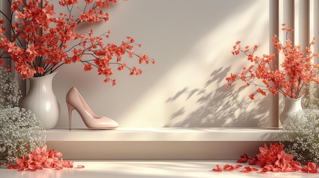 사진 신선한 꽃 장식으로 둘러싸인 신발과 함께 장미의 아름다운 배열