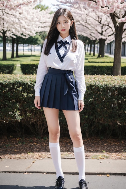 写真 長い足の美しいアジアの女の子が学校の制服を着てカメラを見ているポーズをとっています