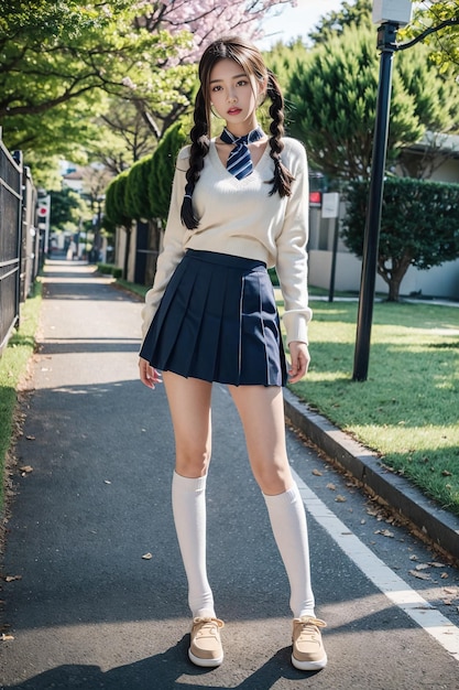 사진 긴 다리를 가진 아름다운 아시아 소녀 가 캠퍼스 에 서 있는 학교 유니폼 을 입고 있다