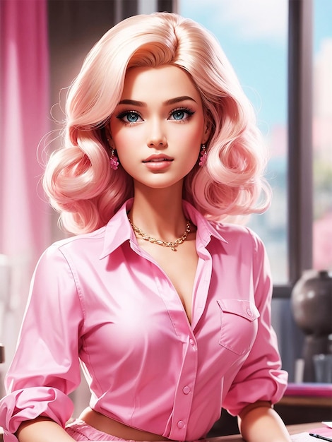 写真 ピンクのシャツを着た美しいバービー人形