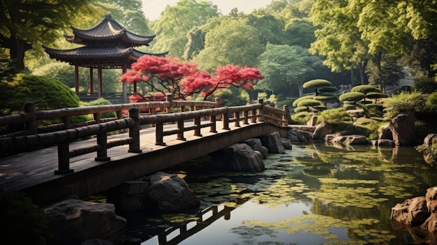 写真 美しい橋は静かな公園の環境で静かな池を越えて伸びています