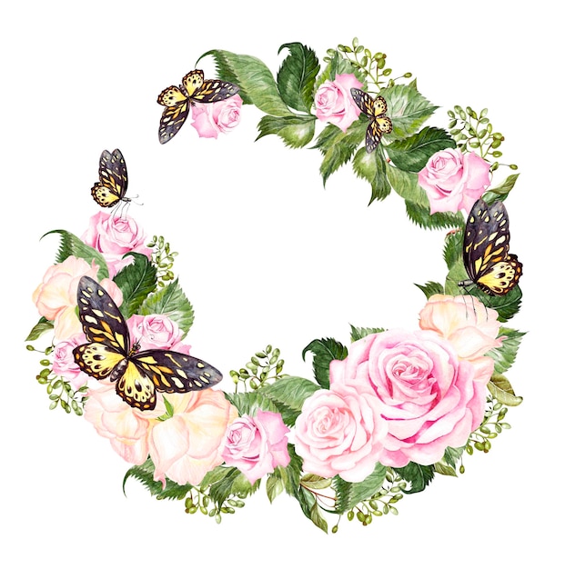 Фото Красивый яркий акварельный венок с розами и бабочками иллюстрация