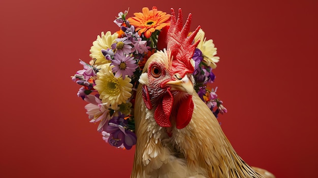 Фото Красивая курица в венке из цветов курица смотрит на зрителя с гордым выражением лица