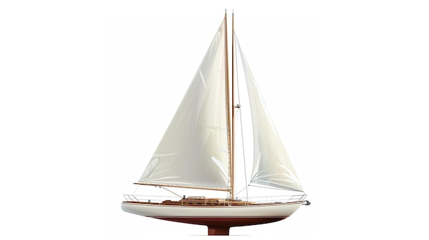 Фото Прекрасная классическая деревянная парусная лодка плывет по воде, ветер дует в ее парусах, у лодки коричневый корпус и белые паруса.