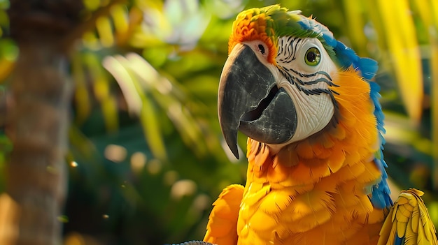 Фото Прекрасный крупный план попугая с яркими желто-голубыми и зелеными перьями папуга сидит на ветке в пышных зеленых джунглях