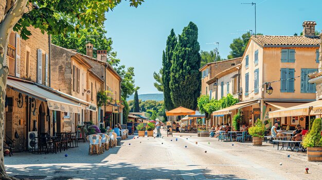 写真 フランスの小さな村で美しい日太陽が輝き鳥が歌い地元の人々は町の広場でボールのゲームを楽しんでいます