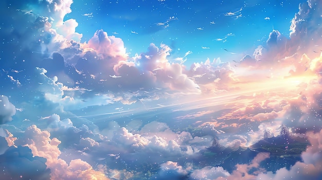 写真 ピンクの青と白の雲で満たされた空の美しい夢の絵画