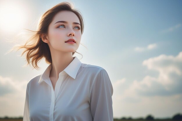 写真 白いシャツを着た美しいヨーロッパの女の子が晴れた空を見ています