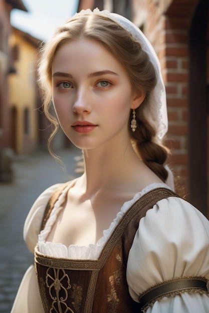 Фото Прекрасная европейская девушка в средневековой служанской одежде.