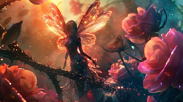 写真 輝く翼の美しい妖精はバラの茂みの枝の上に座っています妖精は葉と花で作られたドレスを着ています