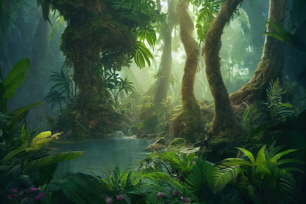 写真 大きな木と素晴らしい植生デジタル絵画の背景を持つ美しいおとぎ話の魅惑の森