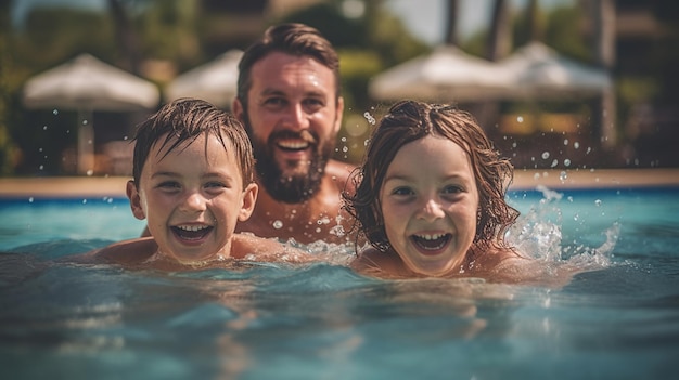 Фото Красивая семья на отдыхе купается в водном курорте
