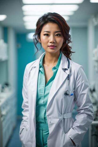 写真 クリニックで白衣を温める美しい女性医師