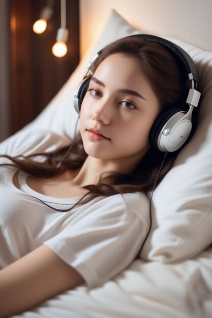 写真 白いシャツを着た美しい女の子がベッドに横になって音楽を聴いています