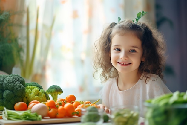 写真 美しい女の子が彼の前のテーブルに座っています 野菜 ブロッコリー ニンジン トマト キャベツ