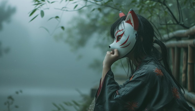 사진 여우 마스크를 입은 일본 소녀의 아름다운 우울한 사진