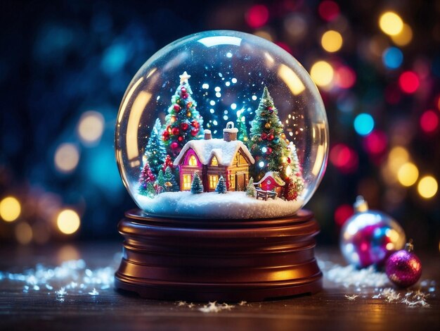 Фото Красивый светящийся снежный шар с зимним снежным домом и украшенными рождественскими деревьями