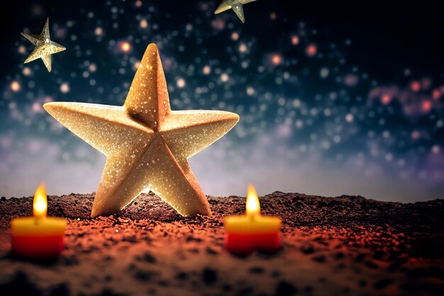 사진 크리스마스 분위기에서 불로 둘러싸인 아름다운 금색 별 텍스트의 공간