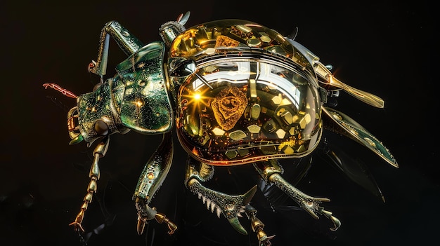 写真 美しい緑と金色の甲虫輝く反射体を持ち反射面の上に立っておりその足が見えます