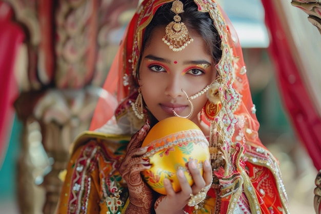写真 国民服と卵を着た美しいインド王女 国民服を着た 美しいインドの王女