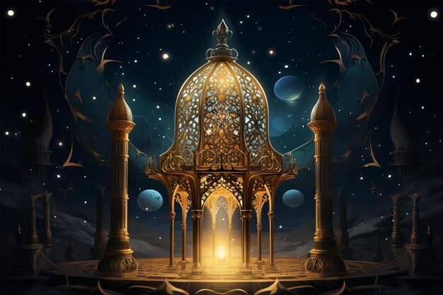 写真 美しいイスラム灯がモスクの前で夜を照らす