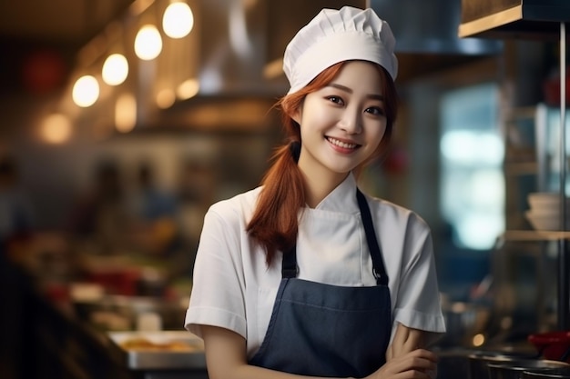 사진 아름다운 한국 요리사 소녀가 레스토랑 부에서 음식을 조리할 준비가 되어 있습니다.