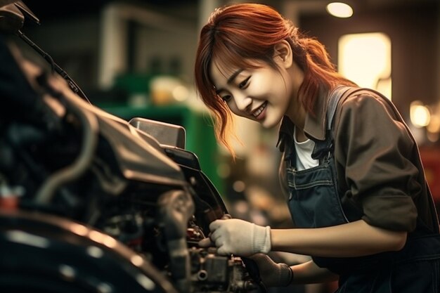 写真 美しい韓国人女性若い自動車修理工のサービスコンセプトで働いています