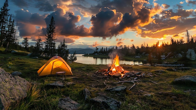 写真 夕暮れの美しい湖辺のキャンプ場