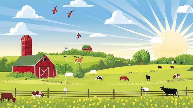 写真 緑の牧場と牛が放牧している赤い納屋の農場の美しい風景 太陽は明るく輝いており空にはふわふわの雲があります