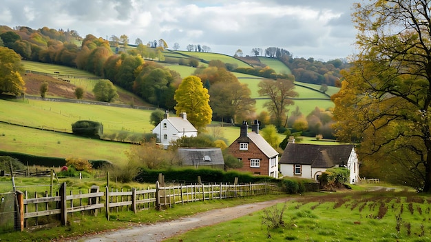Фото Красивый пейзаж сельской деревни осенью холмы покрыты пышной зеленой травой, а деревья горят цветами.