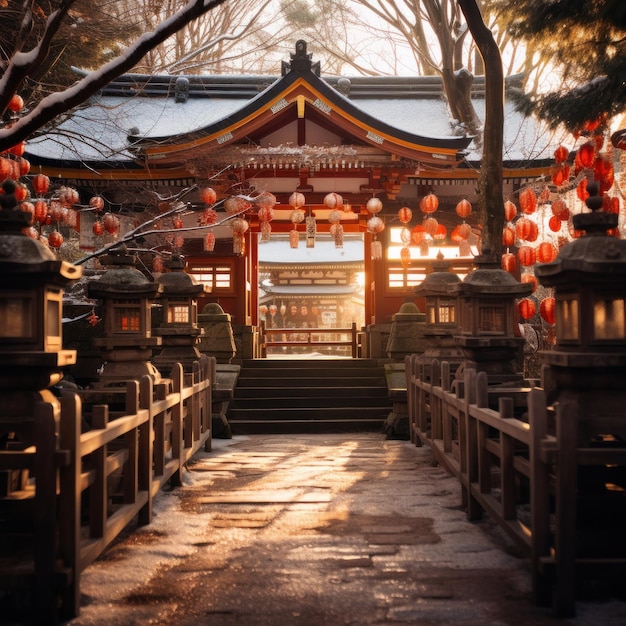 写真 ランタンや祭りの装飾で飾られた寺院や神社を描いた美しい風景写真