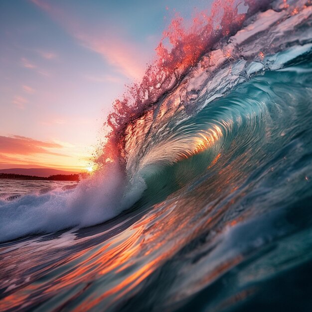 Фото Прекрасная большая волна, скручивающаяся при солнечном свете, сияющая 4k ultra view фото