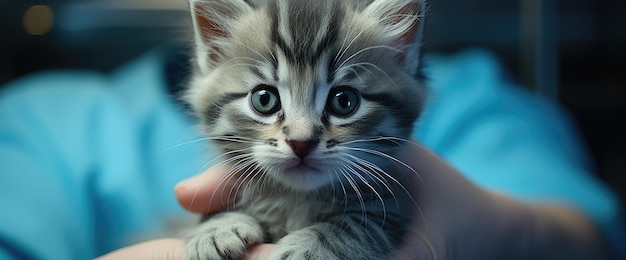 Фото Прекрасный маленький беззащитный испуганный котенок сидит в ветеринарной клинике тема здоровья домашних животных